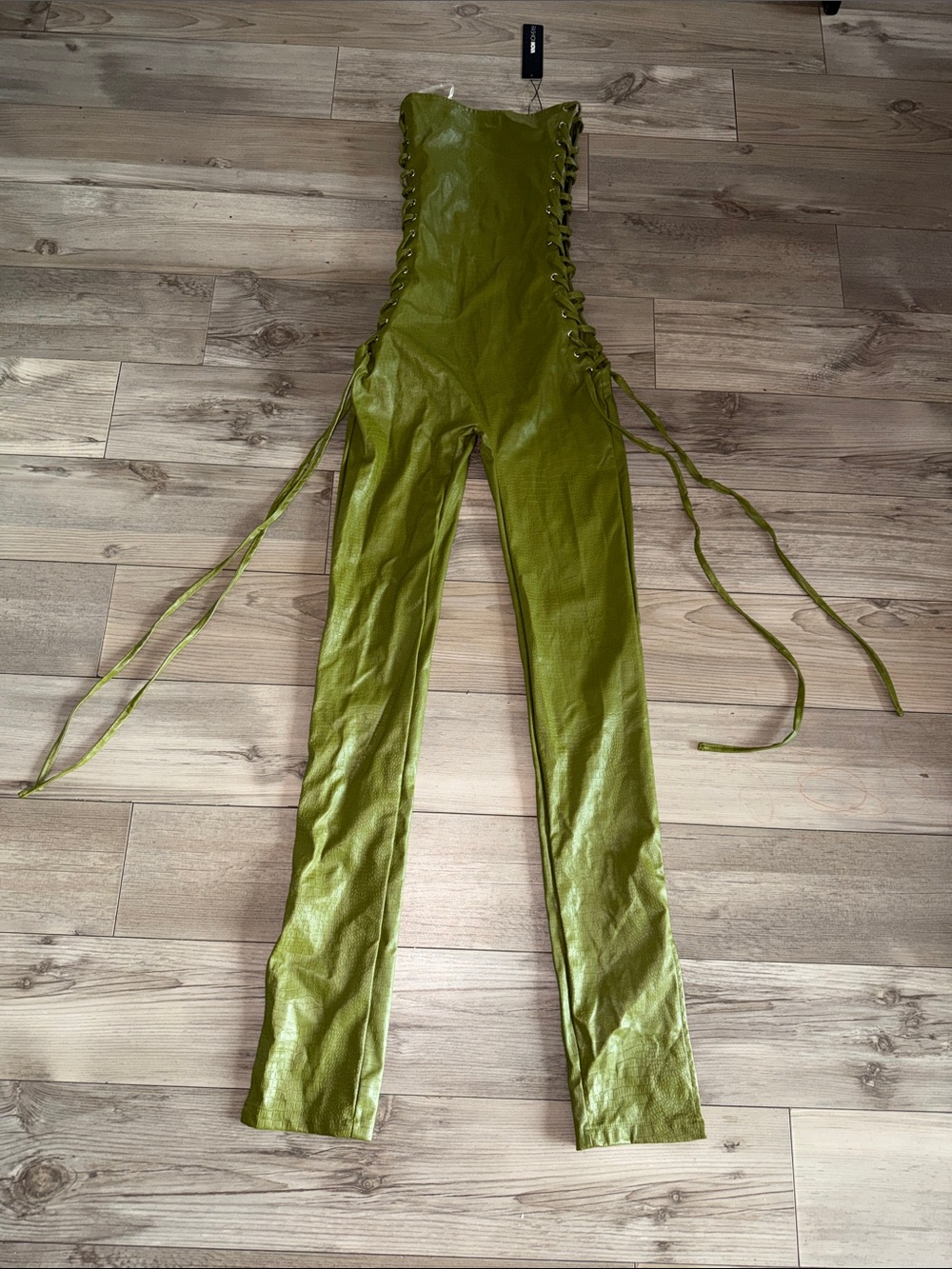 Fashion Nova Olive Green Faux leather Strapless Lace-Up Jumpsuit